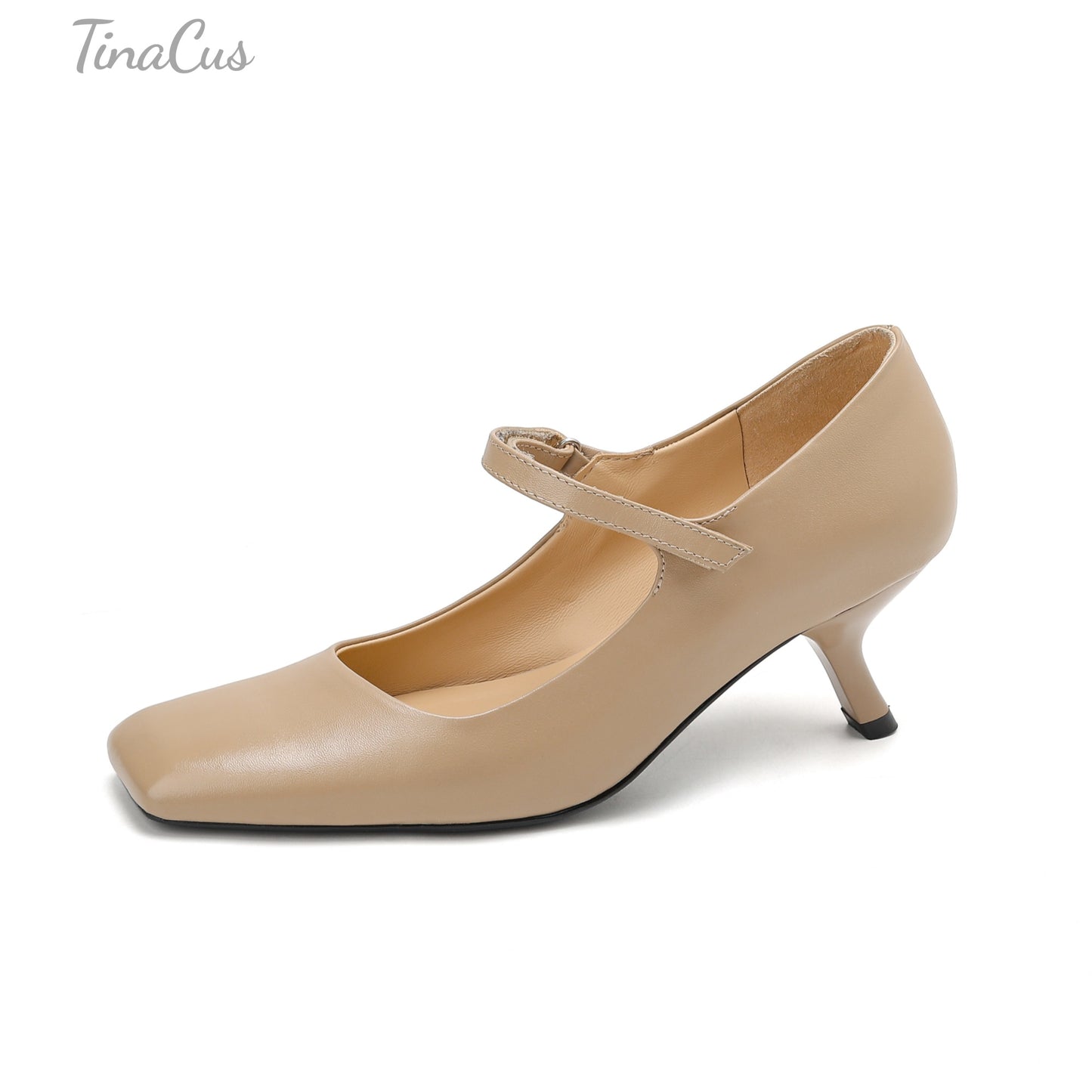 TinaCus Genuine Leather Women's Square Toe Stiletto Heels Handmade Hook & Loop Pumps Shoes