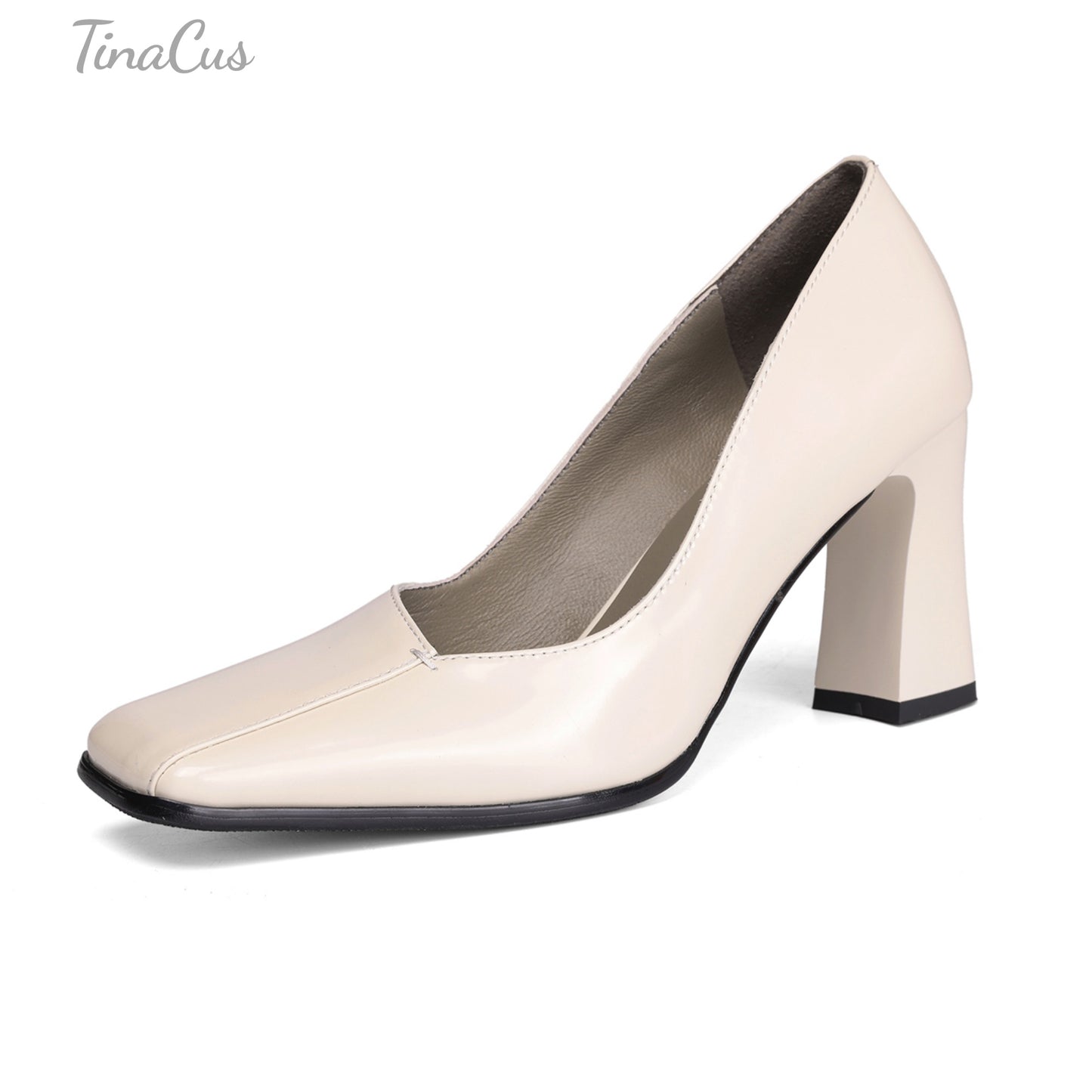 TinaCus Women's HIgh Block Heel Pumps Genuine Leather Handmade Square Toe Slip On Shoes