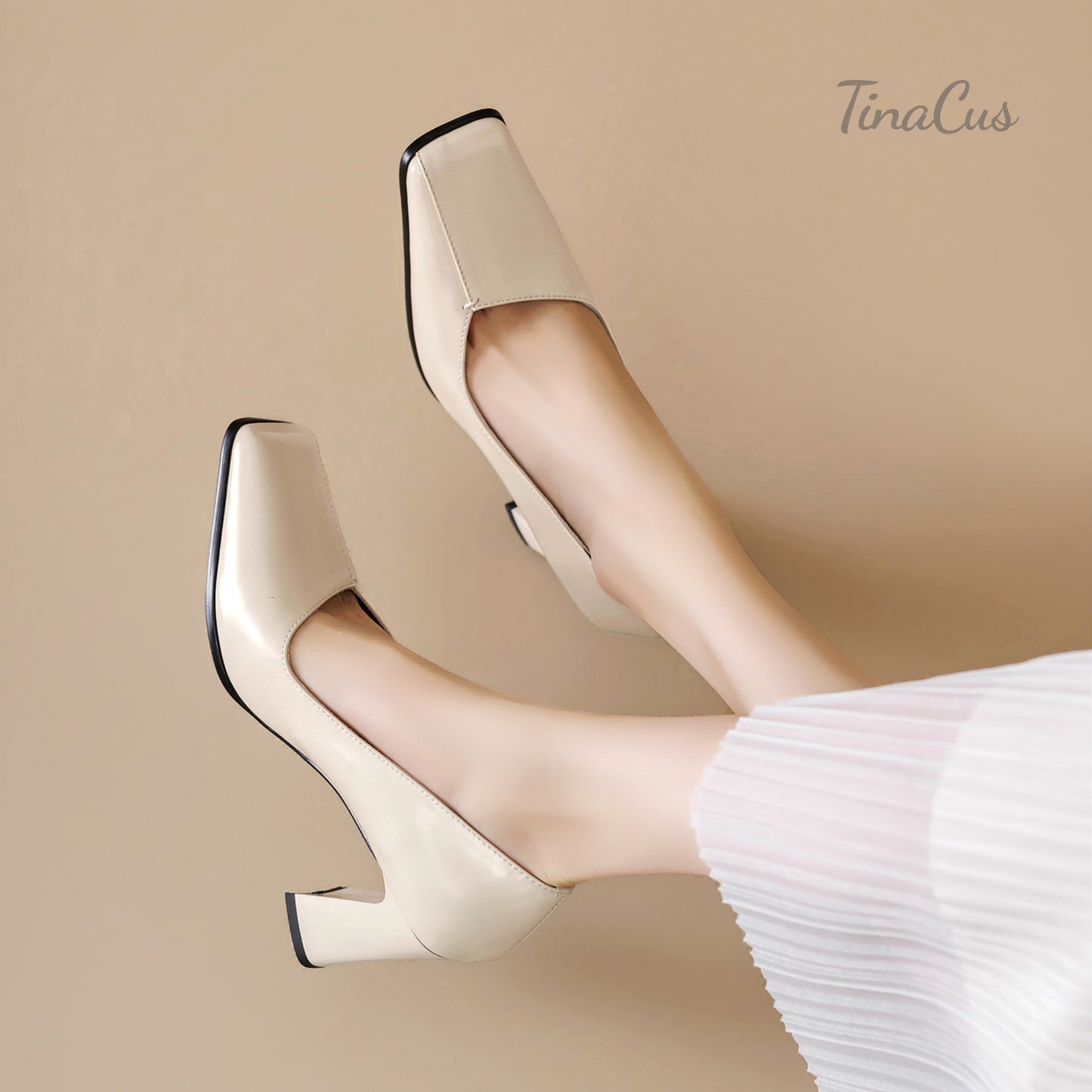 TinaCus Women's HIgh Block Heel Pumps Genuine Leather Handmade Square Toe Slip On Shoes