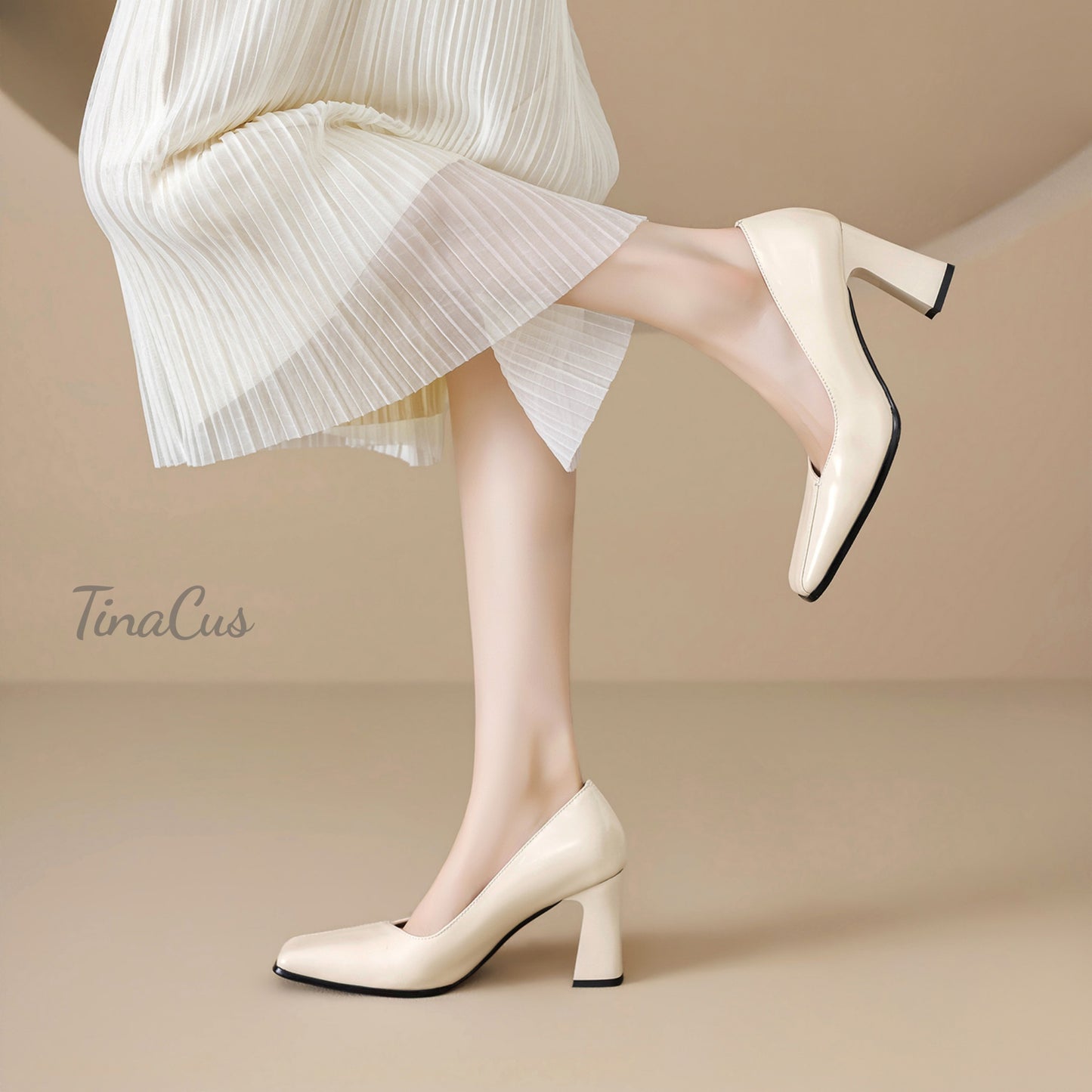 TinaCus Women's HIgh Block Heel Pumps Genuine Leather Handmade Square Toe Slip On Shoes