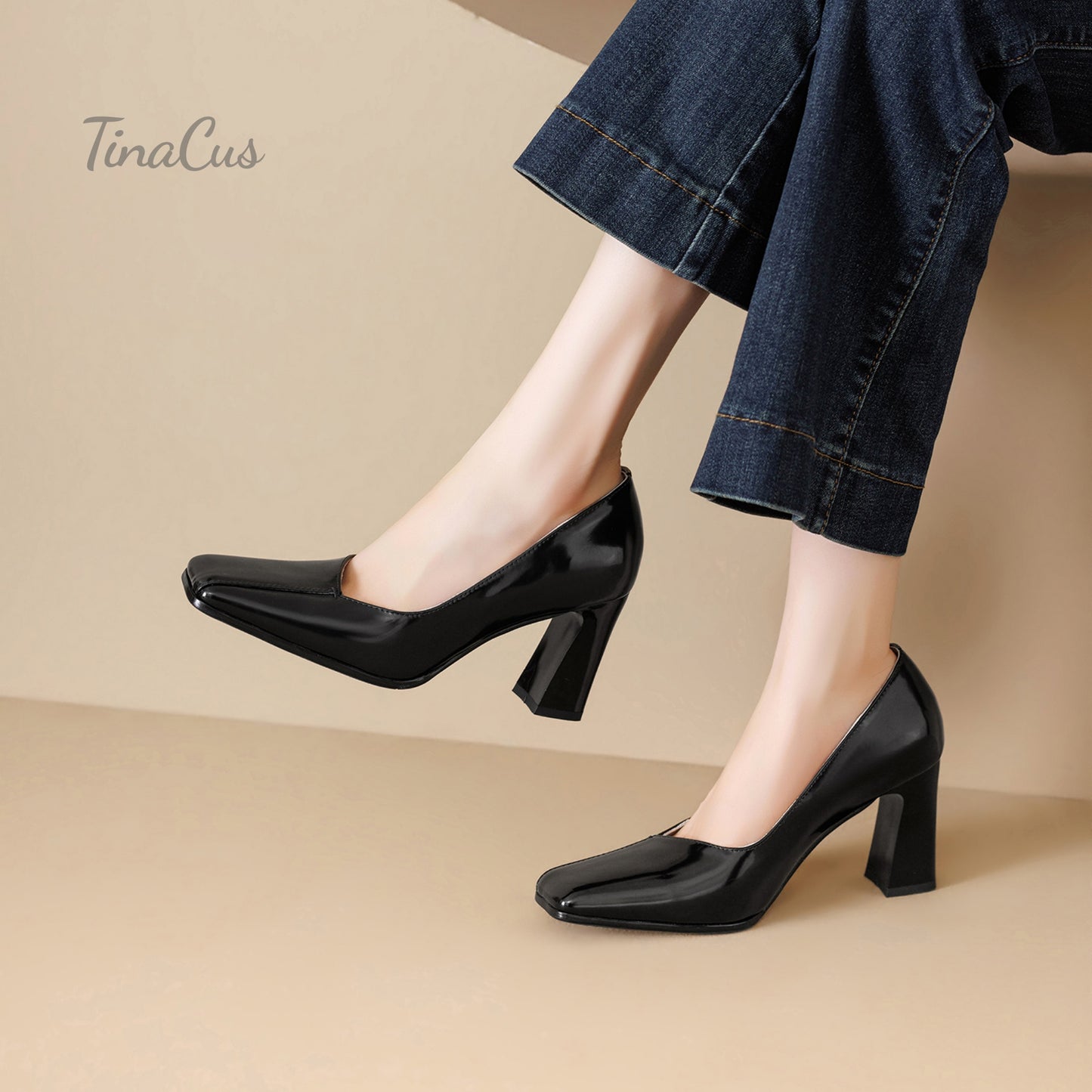 TinaCus Women's HIgh Block Heel Pumps Genuine Leather Handmade Square Toe Slip On Shoes