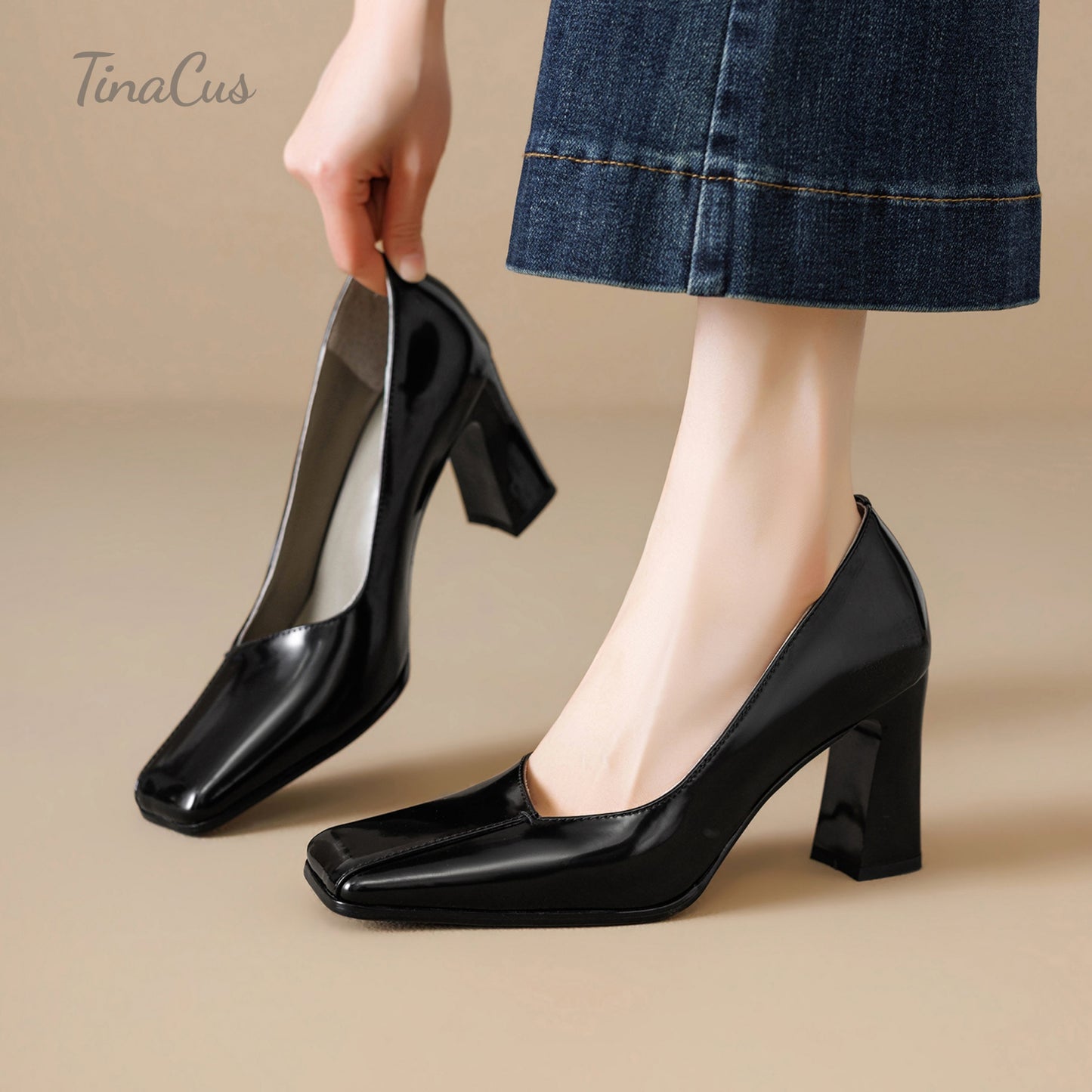 TinaCus Women's HIgh Block Heel Pumps Genuine Leather Handmade Square Toe Slip On Shoes