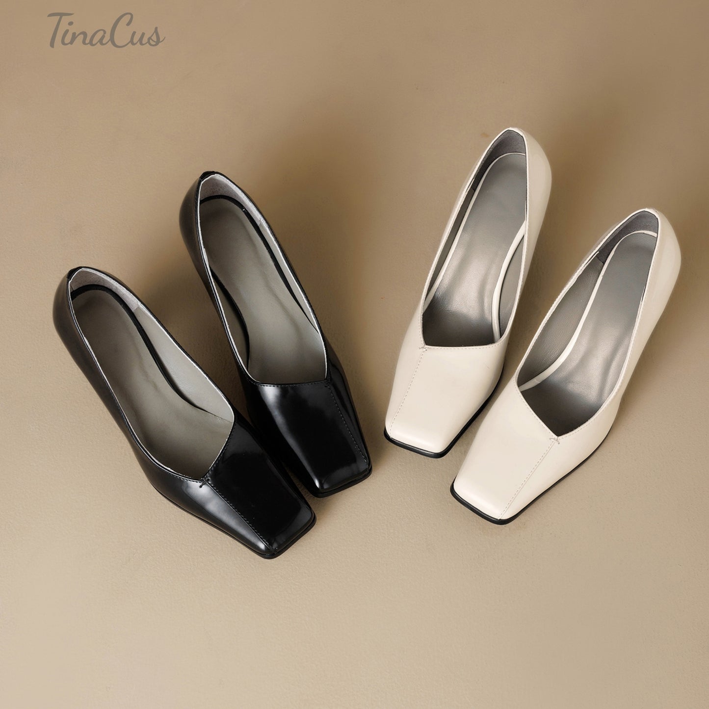 TinaCus Women's HIgh Block Heel Pumps Genuine Leather Handmade Square Toe Slip On Shoes