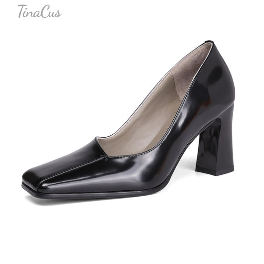 TinaCus Women's HIgh Block Heel Pumps Genuine Leather Handmade Square Toe Slip On Shoes