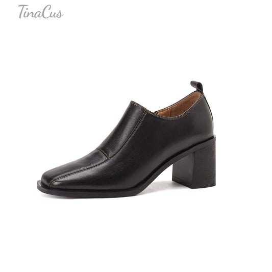 TinaCus Women's Genuine Leather Slip On Handmade Side Zipper Closed Square Toe Block Heel Pumps Shoes