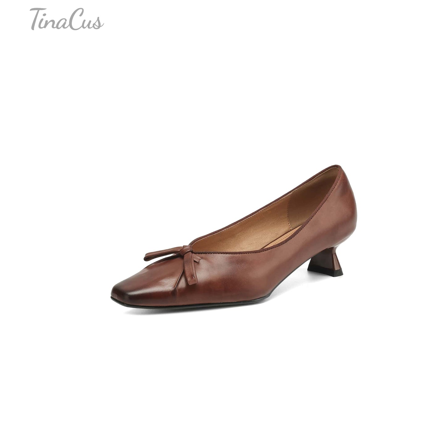 TinaCus Handmade Women's Genuine Leather Square Toe Slip On Low Kitten Heel Pumps with Bowknot