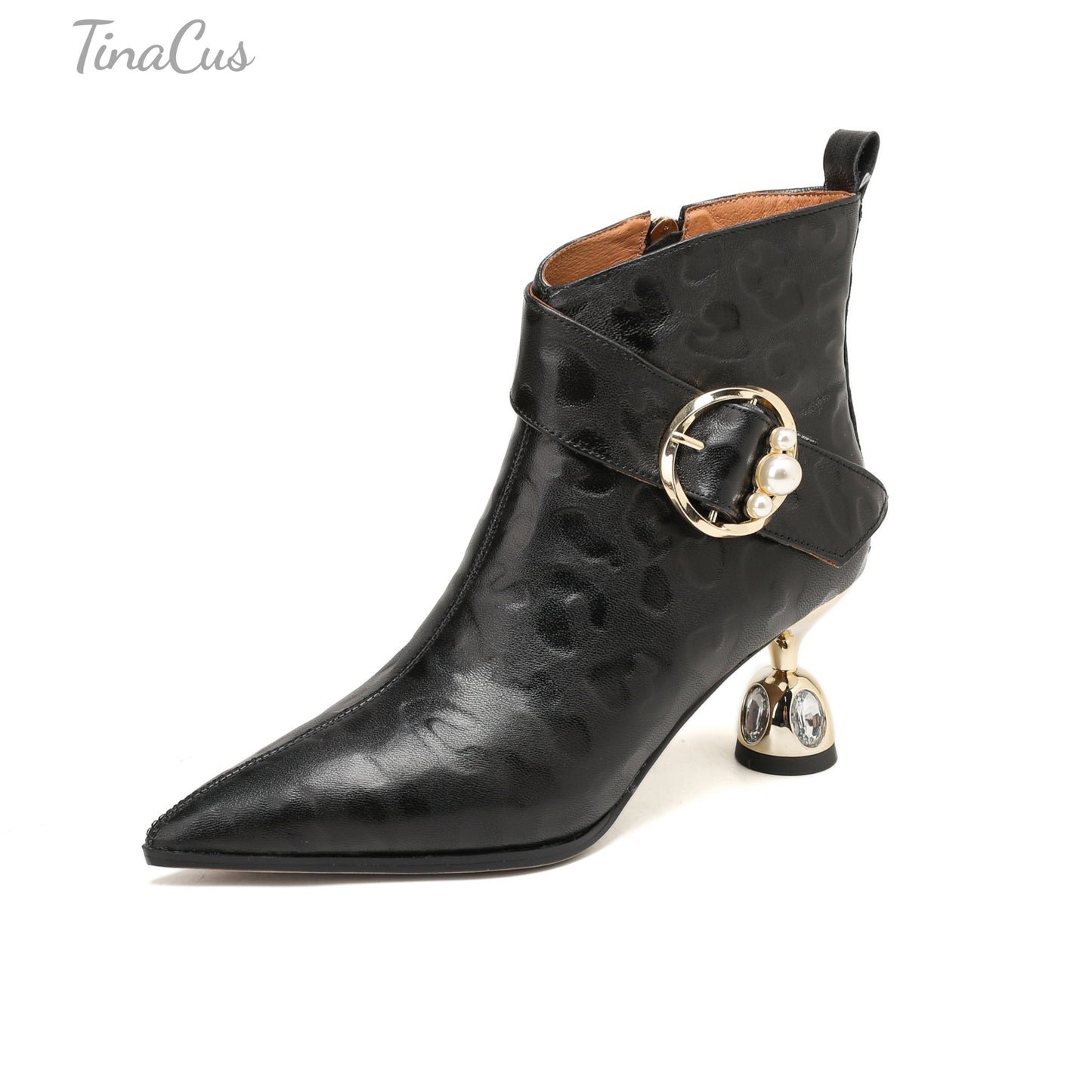 TinaCus Women’s Leopard Print Genuine Leather Pearl Buckle Zip up Booties