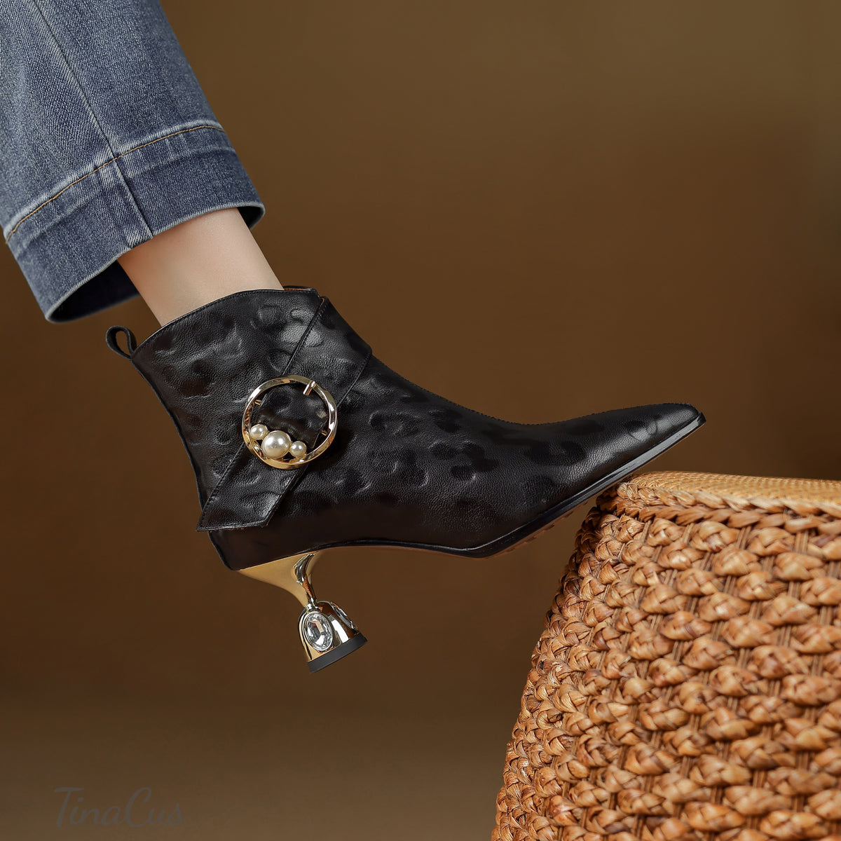 TinaCus Women’s Leopard Print Genuine Leather Pearl Buckle Zip up Booties