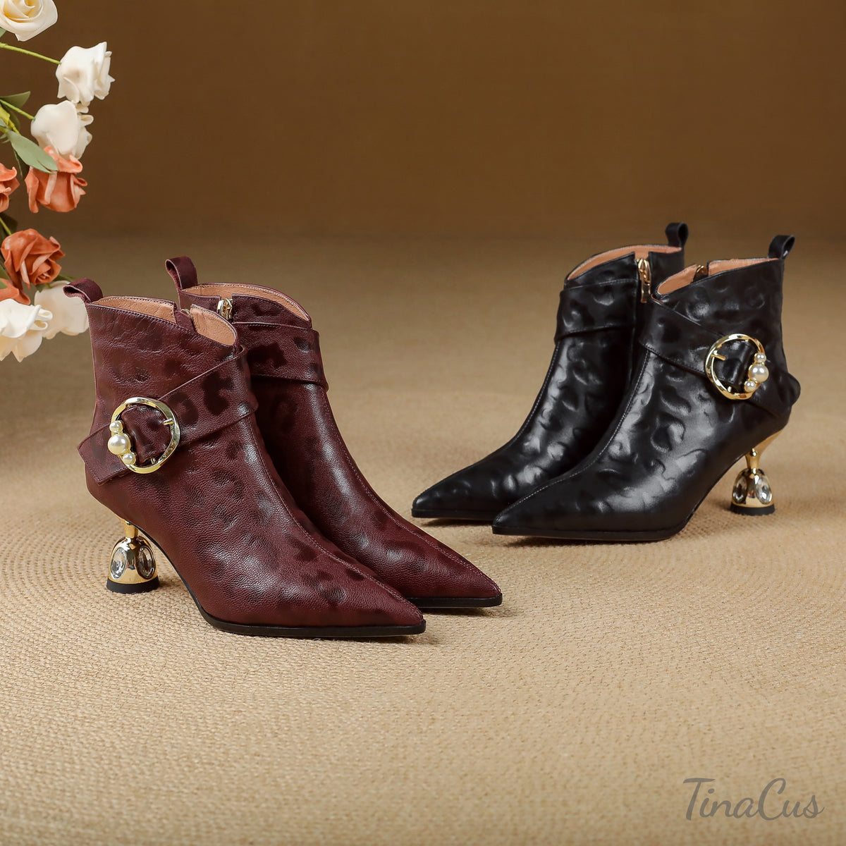 TinaCus Women’s Leopard Print Genuine Leather Pearl Buckle Zip up Booties