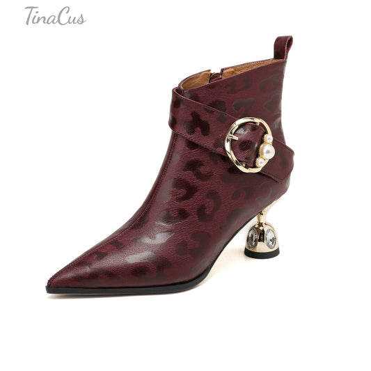 TinaCus Women’s Leopard Print Genuine Leather Pearl Buckle Zip up Booties