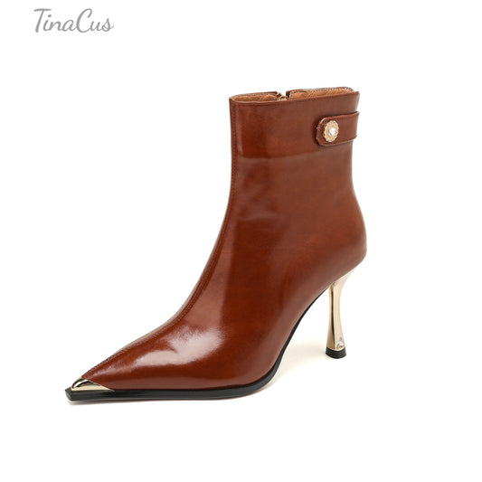 TinaCus Women’s Genuine Leather Handmade Cap Toe Stiletto Heel Zip up Ankle Boots