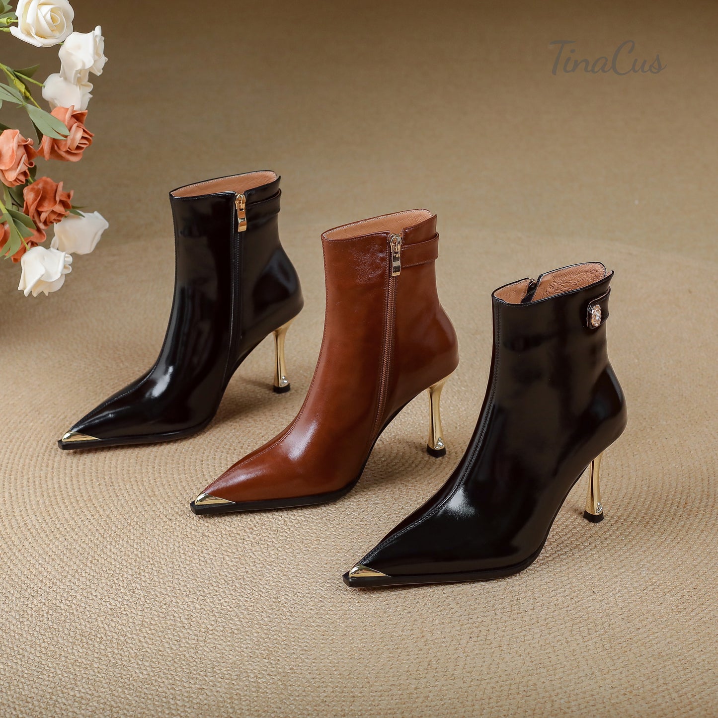TinaCus Women’s Genuine Leather Handmade Cap Toe Stiletto Heel Zip up Ankle Boots