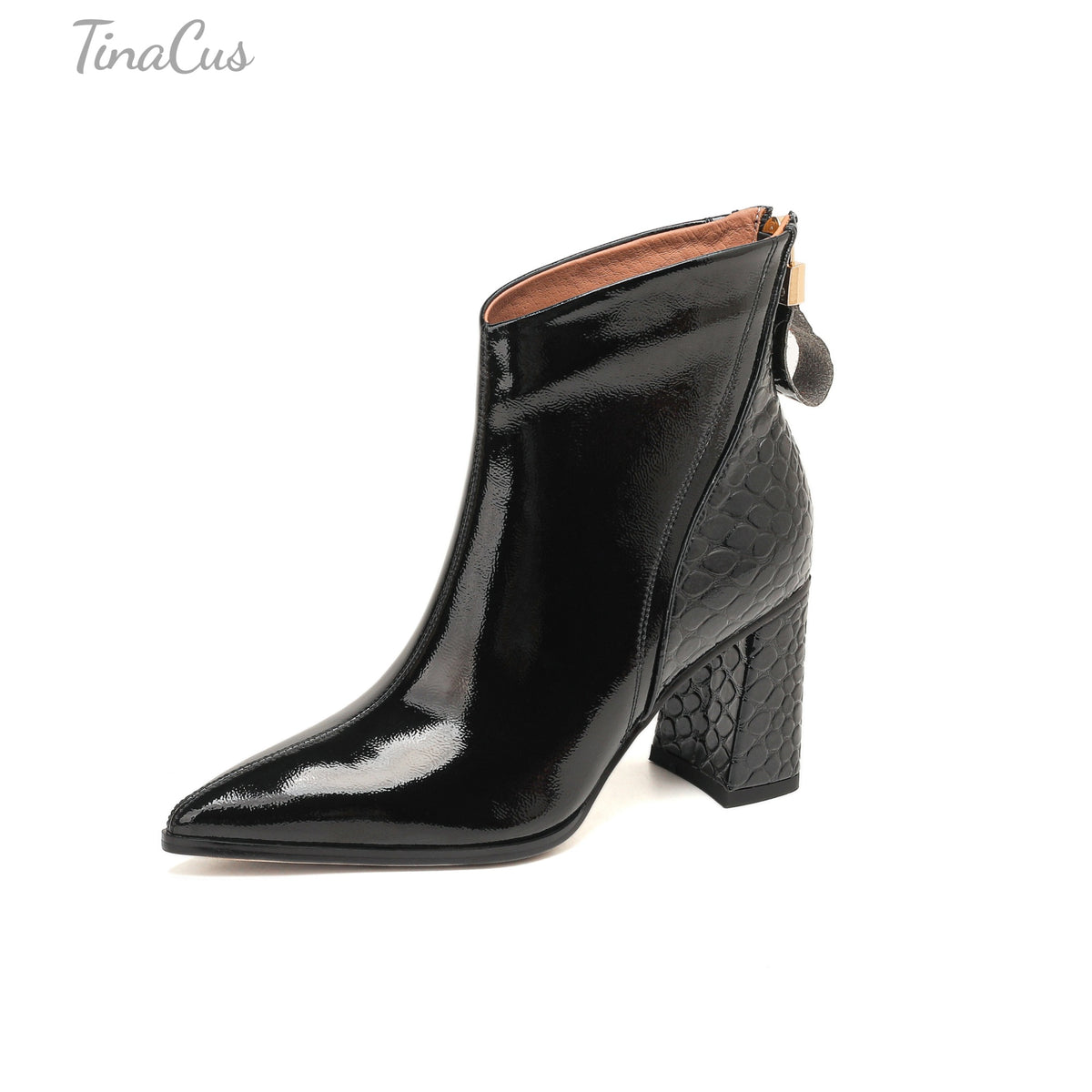 TinaCus Women’s Patent Leather Pointed Toe Handmade Block Heel Zip up Booties