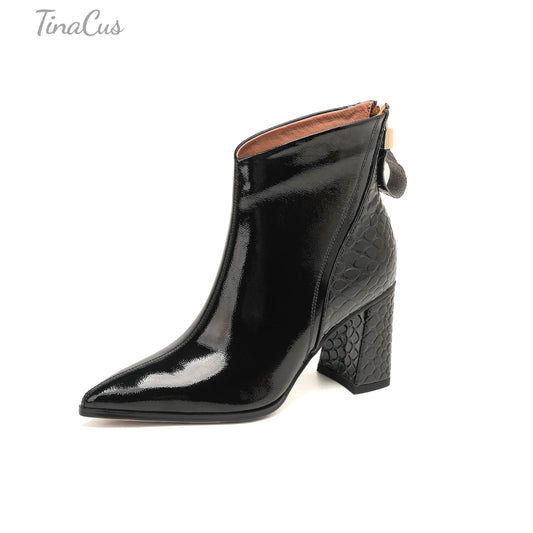 TinaCus Women’s Patent Leather Pointed Toe Handmade Block Heel Zip up Booties