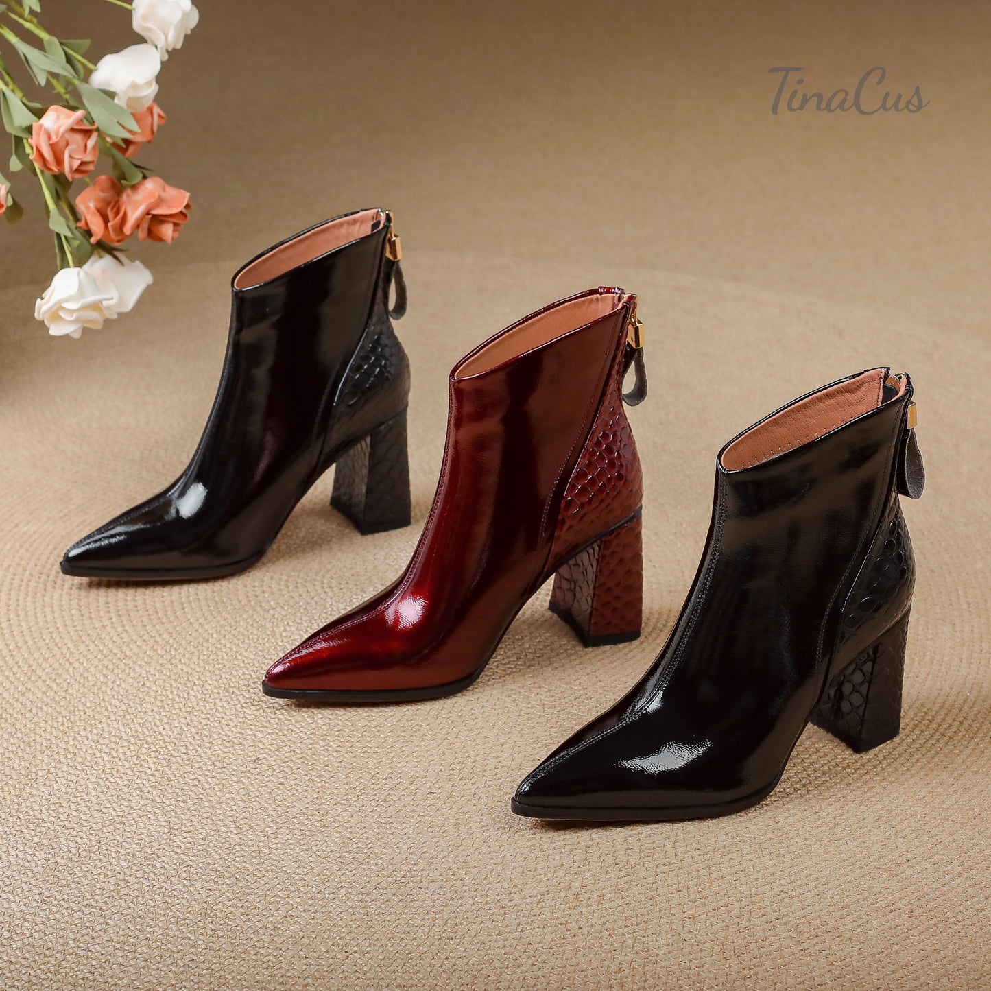 TinaCus Women’s Patent Leather Pointed Toe Handmade Block Heel Zip up Booties