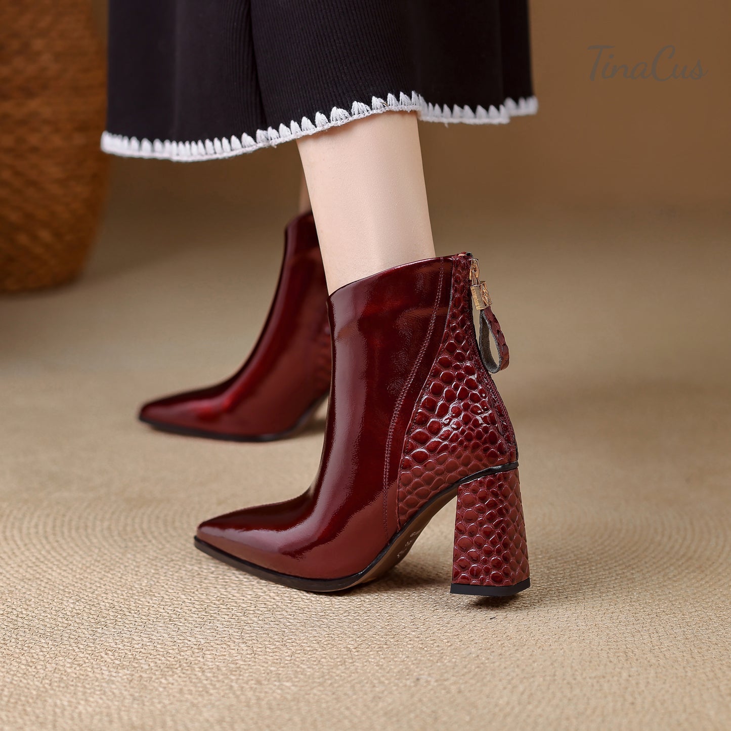 TinaCus Women’s Patent Leather Pointed Toe Handmade Block Heel Zip up Booties