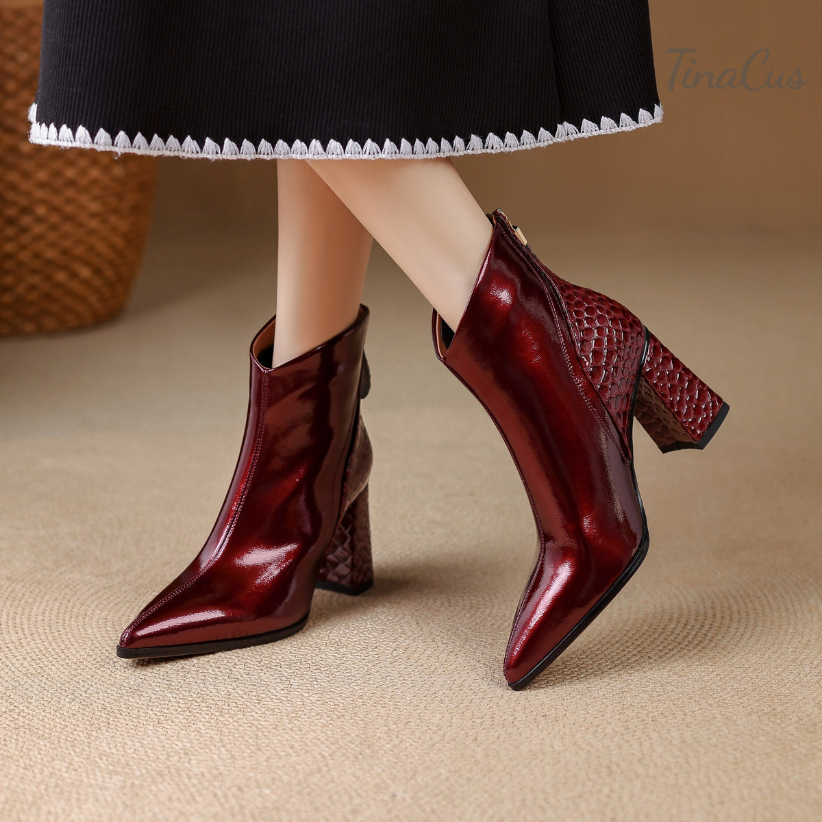 TinaCus Women’s Patent Leather Pointed Toe Handmade Block Heel Zip up Booties
