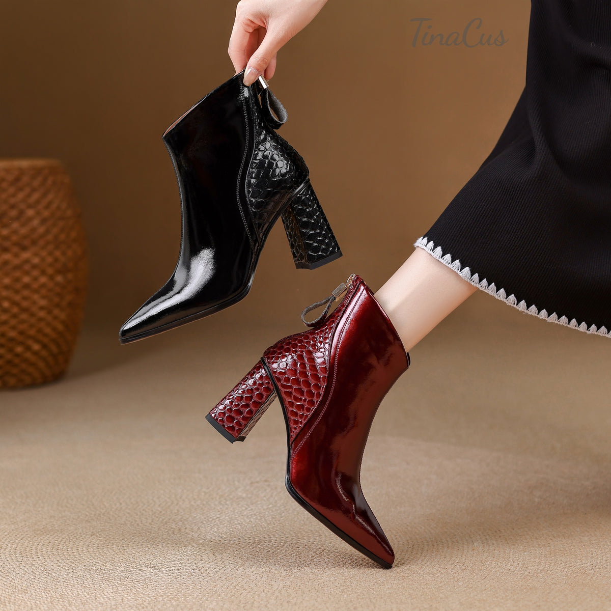 TinaCus Women’s Patent Leather Pointed Toe Handmade Block Heel Zip up Booties