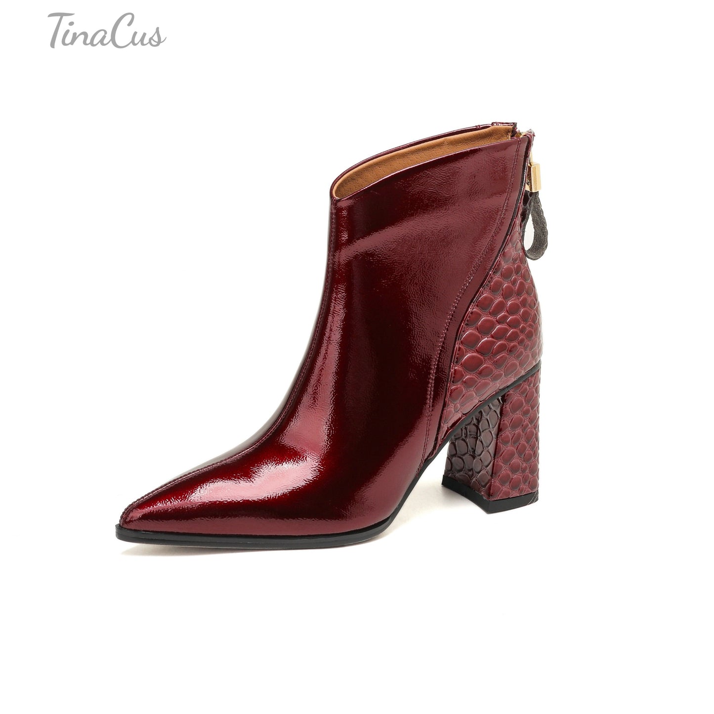 TinaCus Women’s Patent Leather Pointed Toe Handmade Block Heel Zip up Booties