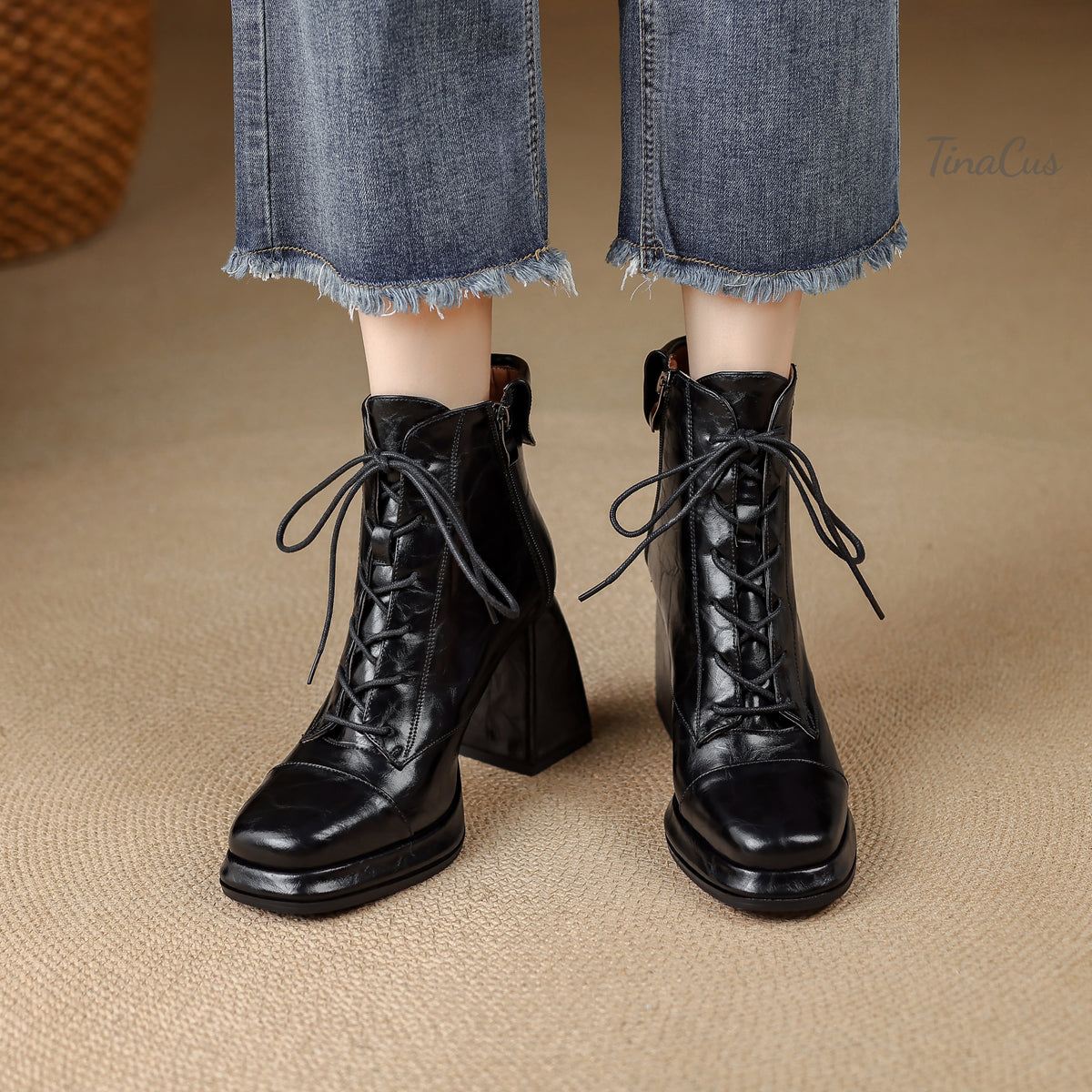 TinaCus Women’s Square Toe Platform Lace Up Combat Booties