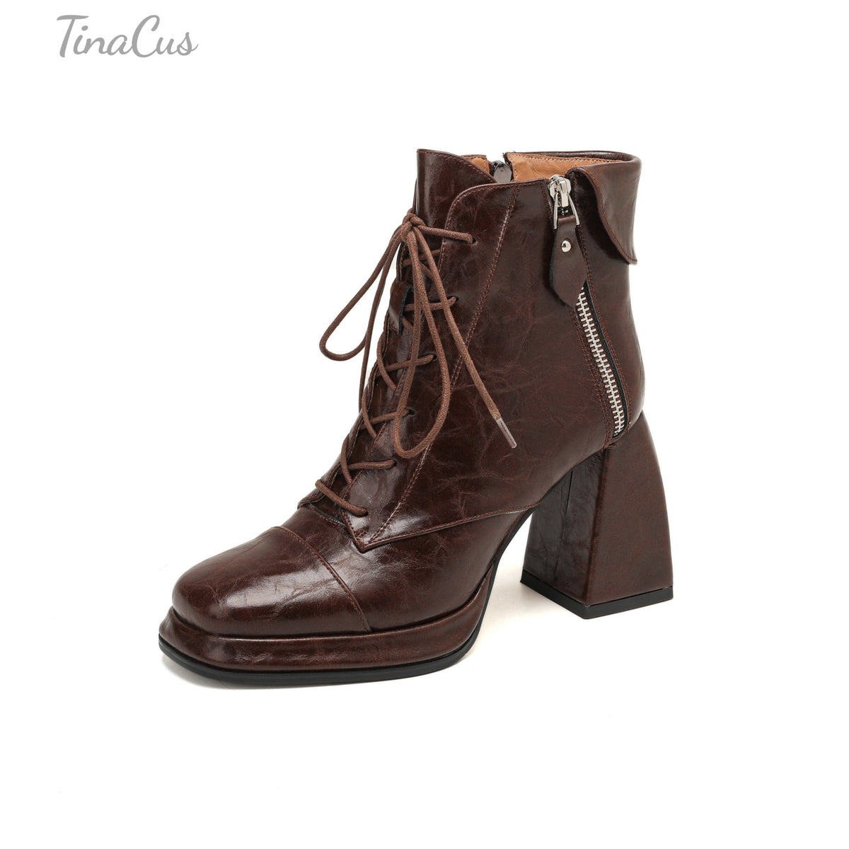 TinaCus Women’s Square Toe Platform Lace Up Combat Booties