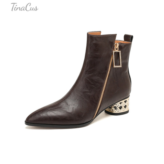 TinaCus Women’s Pointed Toe Side Zippers Metallic Block Heel Dress Ankle Boots