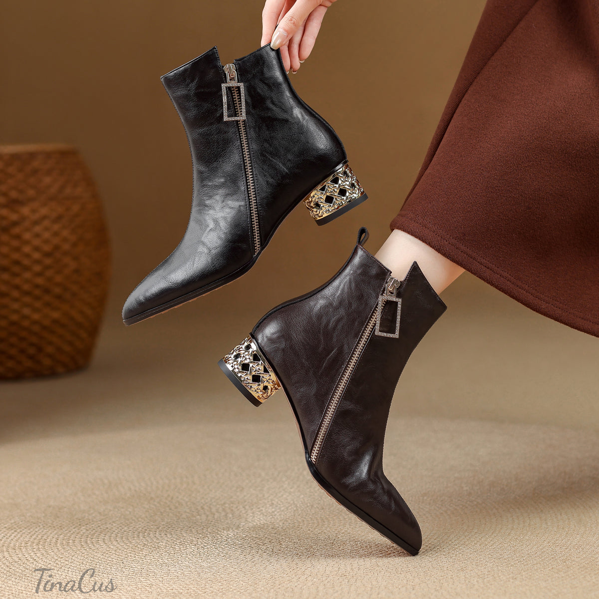 TinaCus Women’s Pointed Toe Side Zippers Metallic Block Heel Dress Ankle Boots