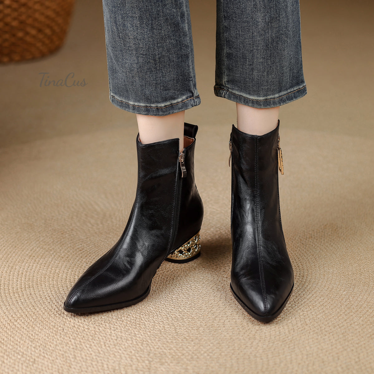 TinaCus Women’s Pointed Toe Side Zippers Metallic Block Heel Dress Ankle Boots