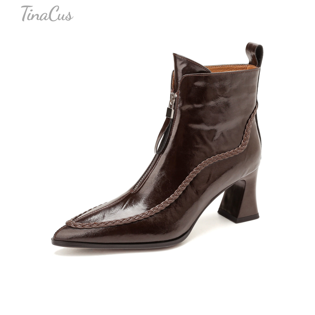 TinaCus Women’s Pointed Toe Handmade Braided Trim Front Zipper Ankle Boots