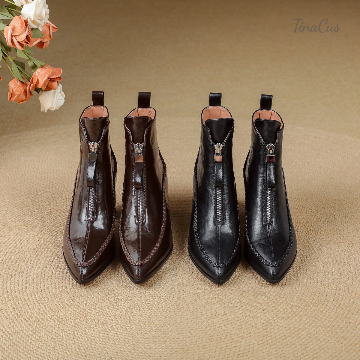 TinaCus Women’s Pointed Toe Handmade Braided Trim Front Zipper Ankle Boots