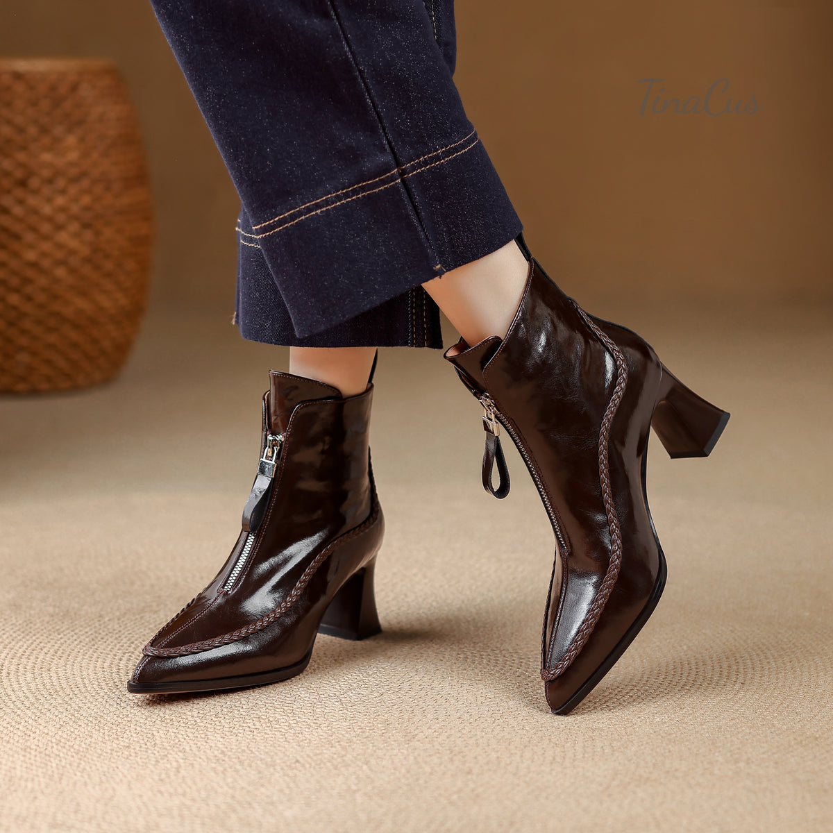 TinaCus Women’s Pointed Toe Handmade Braided Trim Front Zipper Ankle Boots