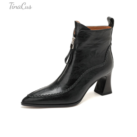 TinaCus Women’s Pointed Toe Handmade Braided Trim Front Zipper Ankle Boots