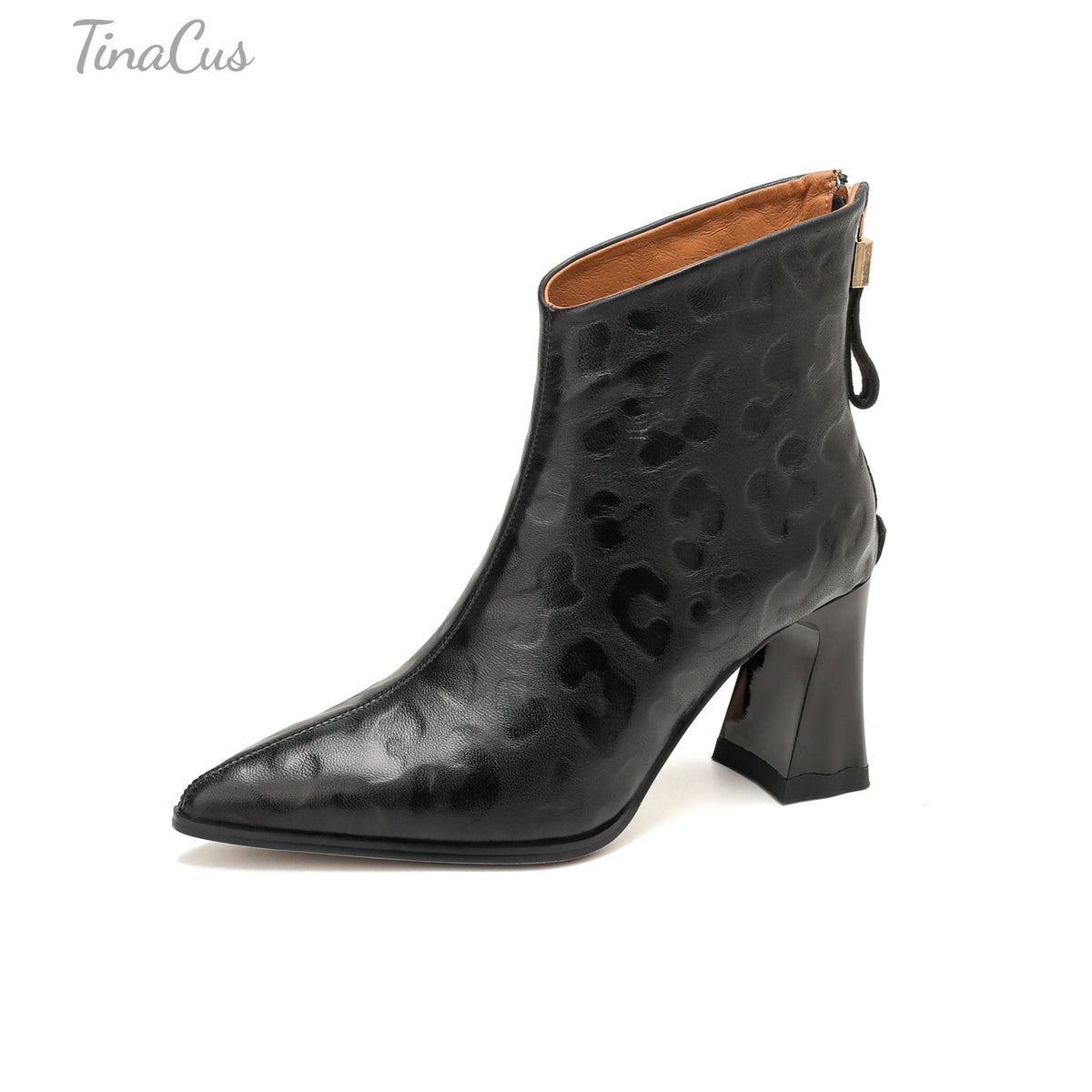 TinaCus Women’s Pointed Toe Back Zipper Leopard Embossed Ankle Booties
