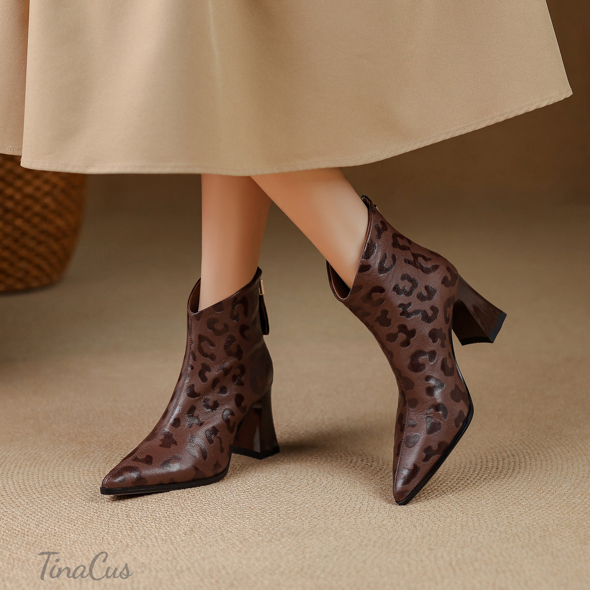 TinaCus Women’s Pointed Toe Back Zipper Leopard Embossed Ankle Booties