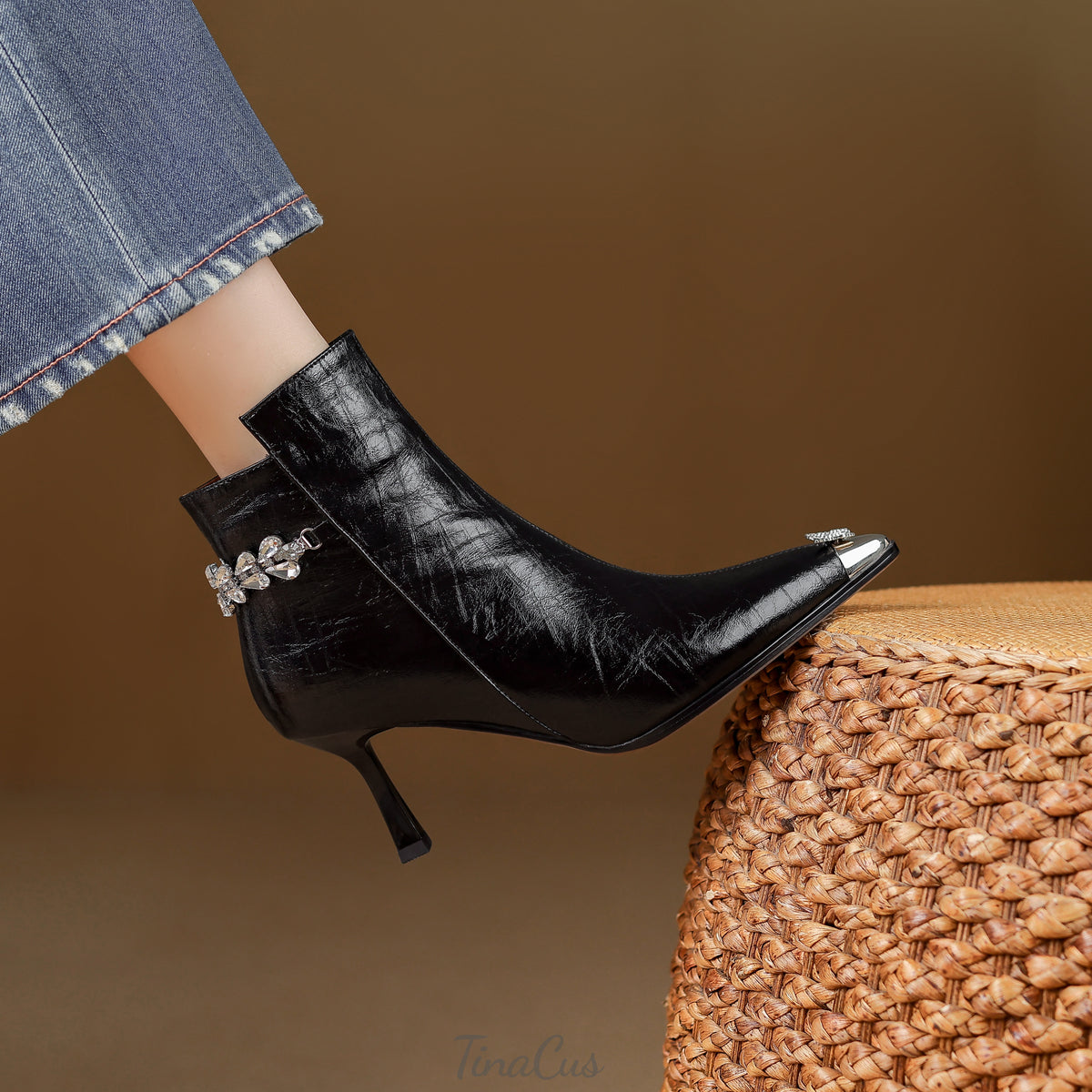 TinaCus Women’s Cap Toe Rhinestones Decor Side Zipper Stiletto Heel Dress Ankle Booties