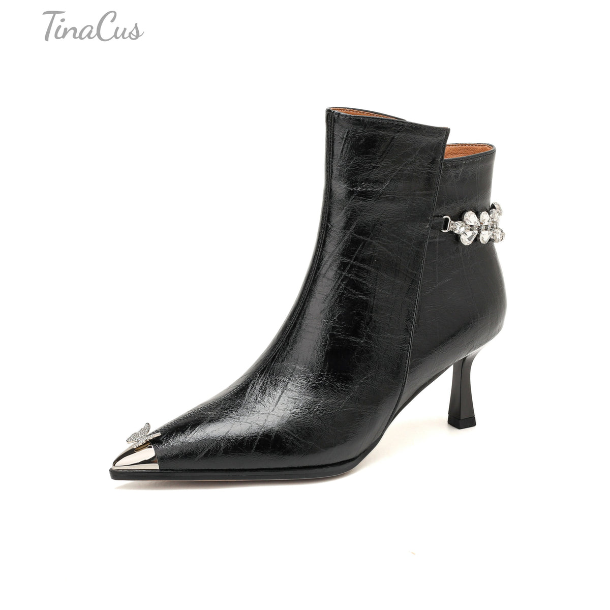 TinaCus Women’s Cap Toe Rhinestones Decor Side Zipper Stiletto Heel Dress Ankle Booties