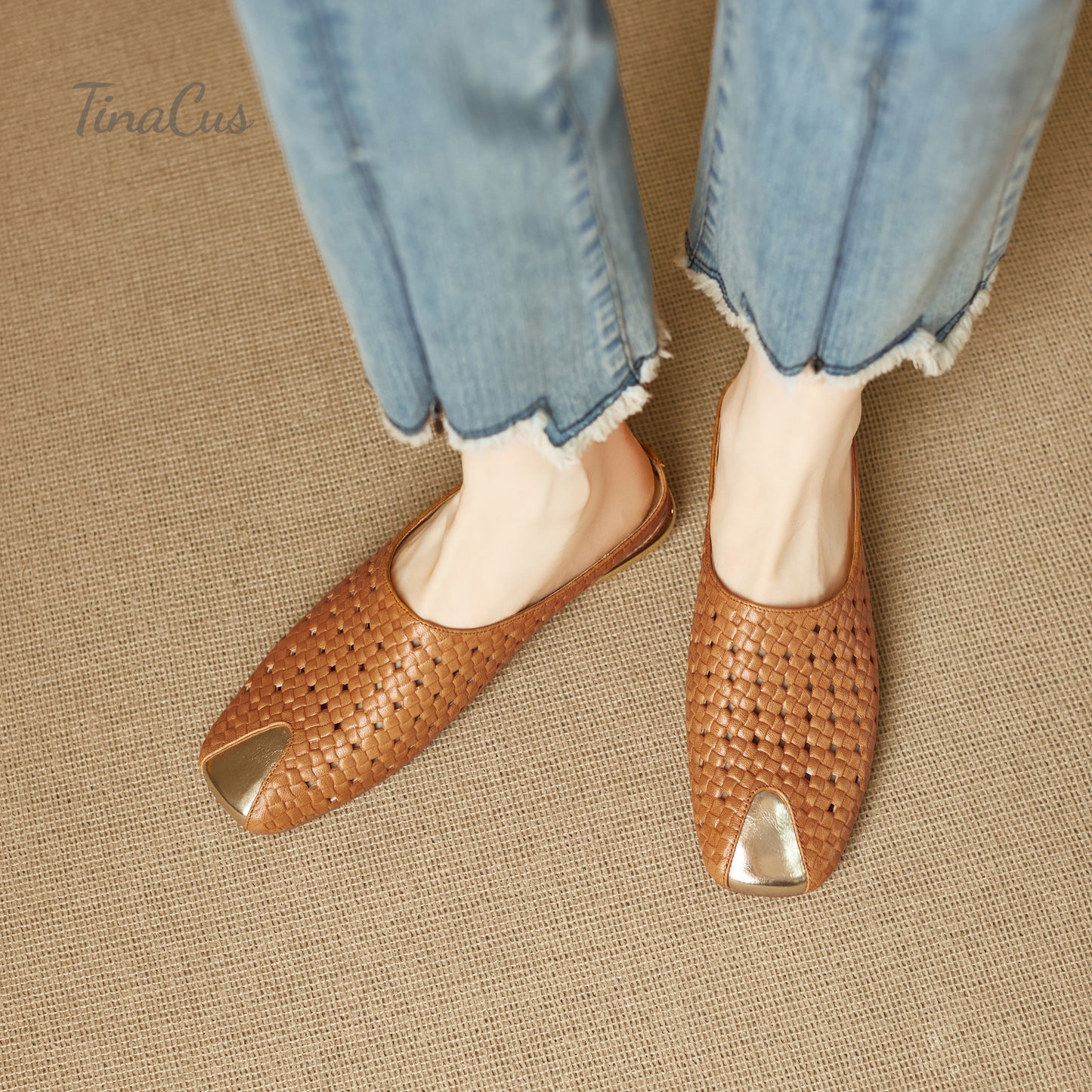 TinaCus Perforated Genuine Leather Women's Flat Mules Handmade Square Toe Slip on Backless Casual Shoes