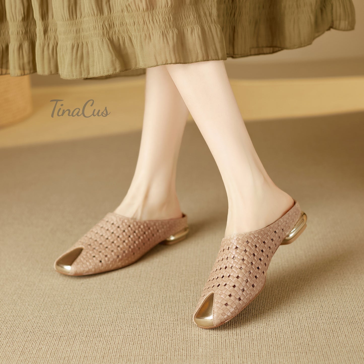 TinaCus Perforated Genuine Leather Women's Flat Mules Handmade Square Toe Slip on Backless Casual Shoes