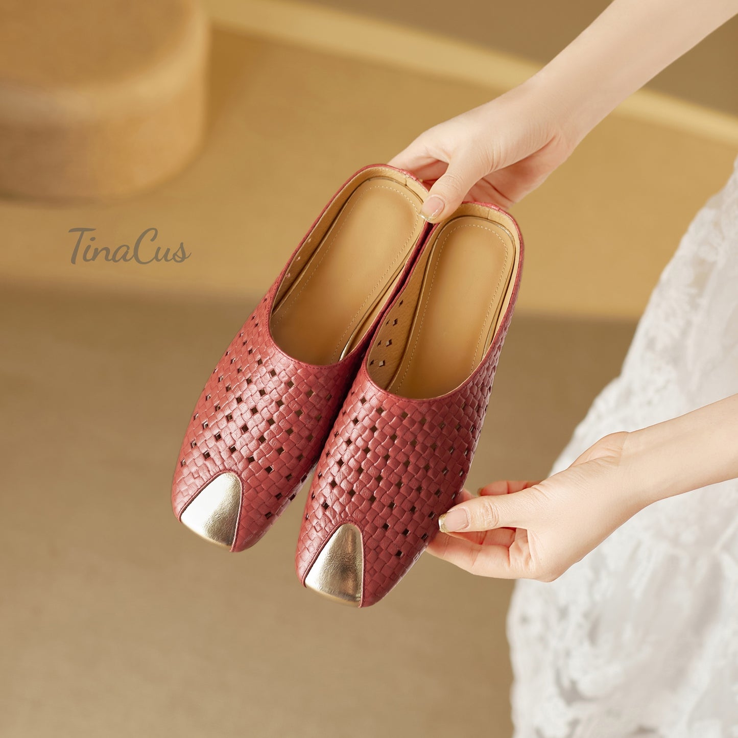 TinaCus Perforated Genuine Leather Women's Flat Mules Handmade Square Toe Slip on Backless Casual Shoes