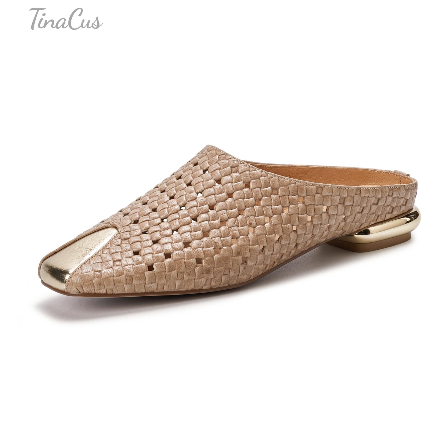 TinaCus Perforated Genuine Leather Women's Flat Mules Handmade Square Toe Slip on Backless Casual Shoes