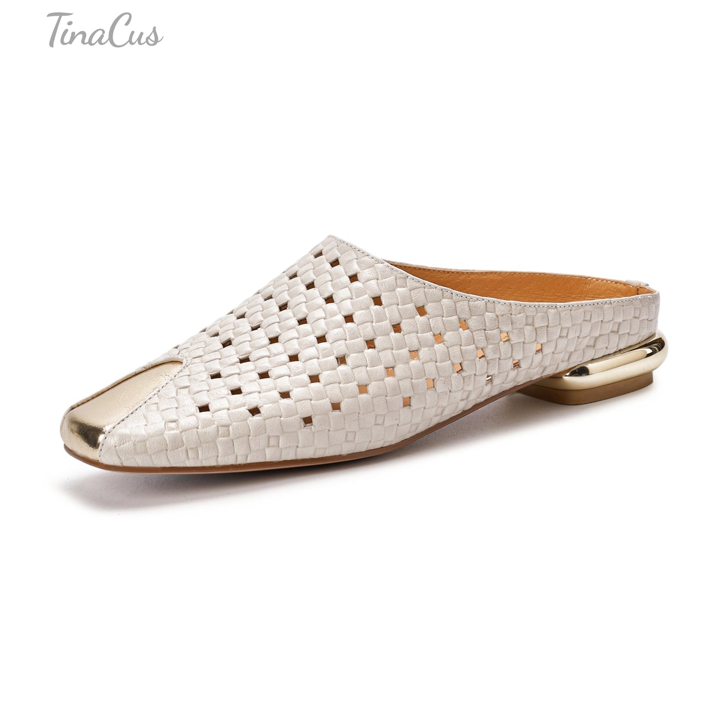 TinaCus Perforated Genuine Leather Women's Flat Mules Handmade Square Toe Slip on Backless Casual Shoes