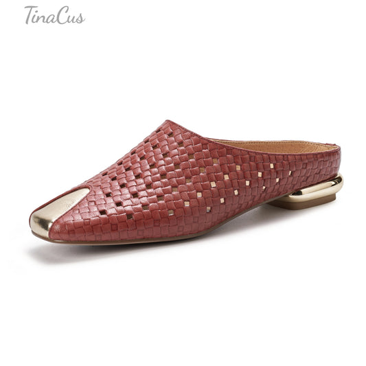 TinaCus Perforated Genuine Leather Women's Flat Mules Handmade Square Toe Slip on Backless Casual Shoes