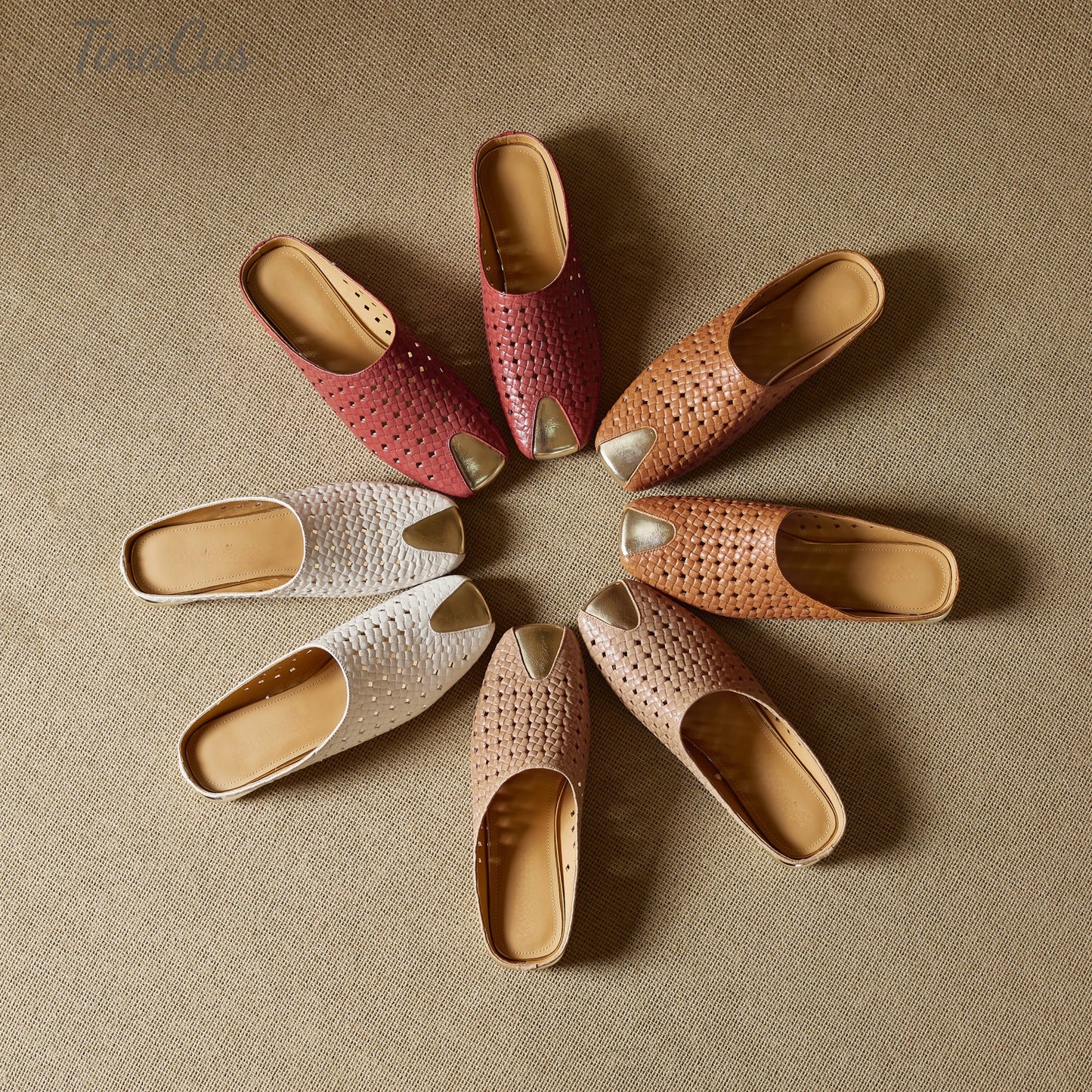 TinaCus Perforated Genuine Leather Women's Flat Mules Handmade Square Toe Slip on Backless Casual Shoes