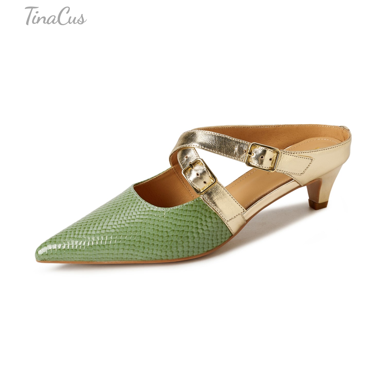 TinaCus Women's Pointed Toe Mules Genuine Leather Handmade Strap Buckle Kitten Heels Slip On Dress Sandals