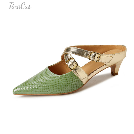 TinaCus Women's Pointed Toe Mules Genuine Leather Handmade Strap Buckle Kitten Heels Slip On Dress Sandals