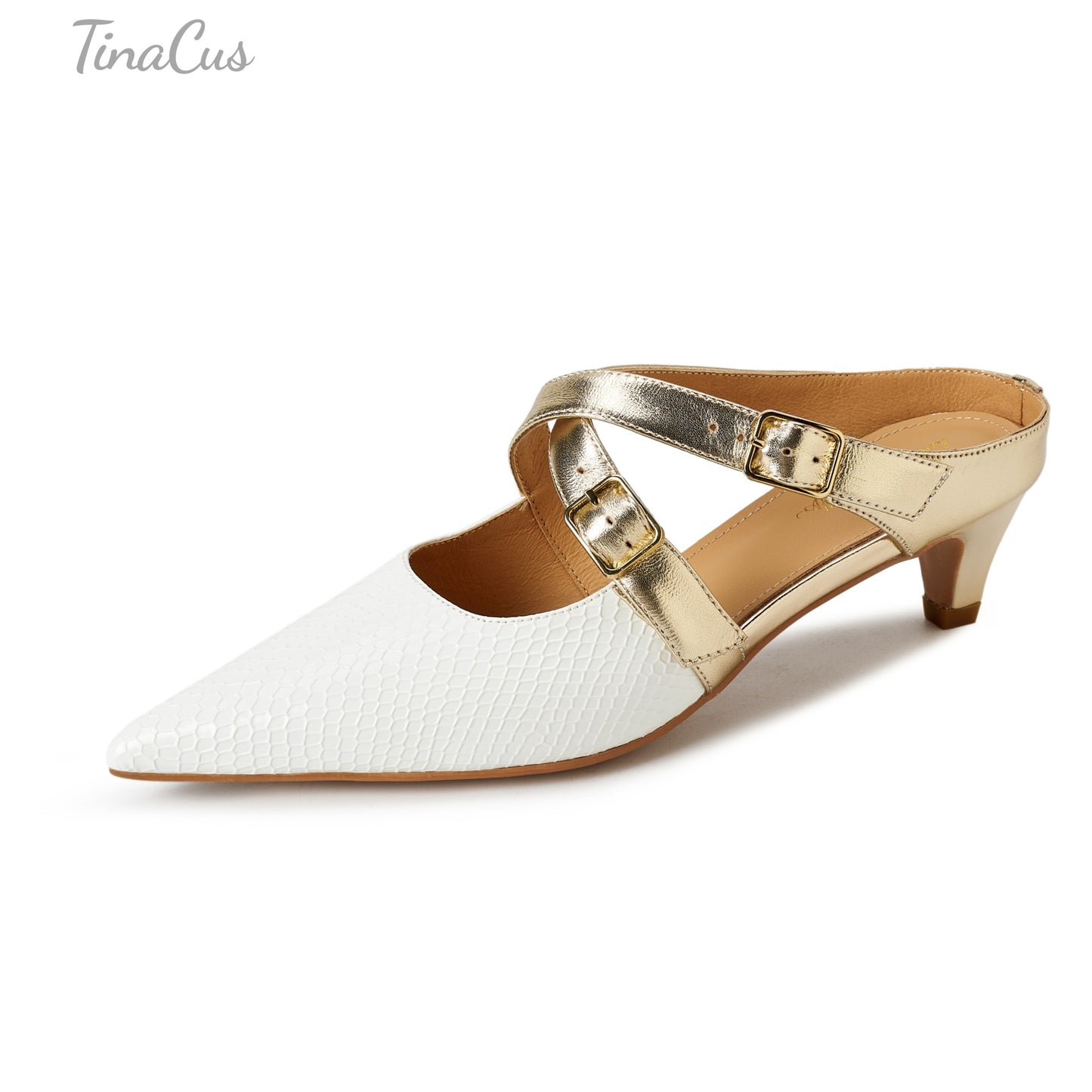 TinaCus Women's Pointed Toe Mules Genuine Leather Handmade Strap Buckle Kitten Heels Slip On Dress Sandals