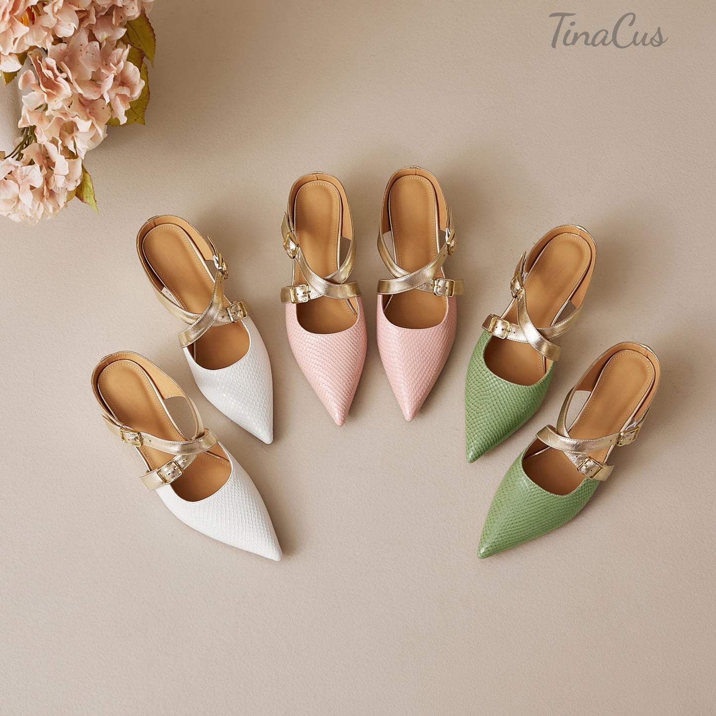 TinaCus Women's Pointed Toe Mules Genuine Leather Handmade Strap Buckle Kitten Heels Slip On Dress Sandals