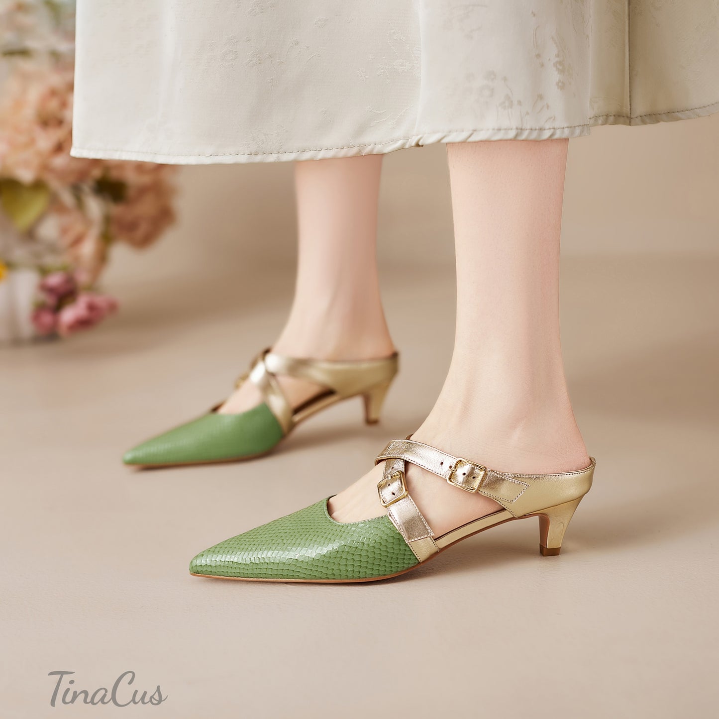 TinaCus Women's Pointed Toe Mules Genuine Leather Handmade Strap Buckle Kitten Heels Slip On Dress Sandals