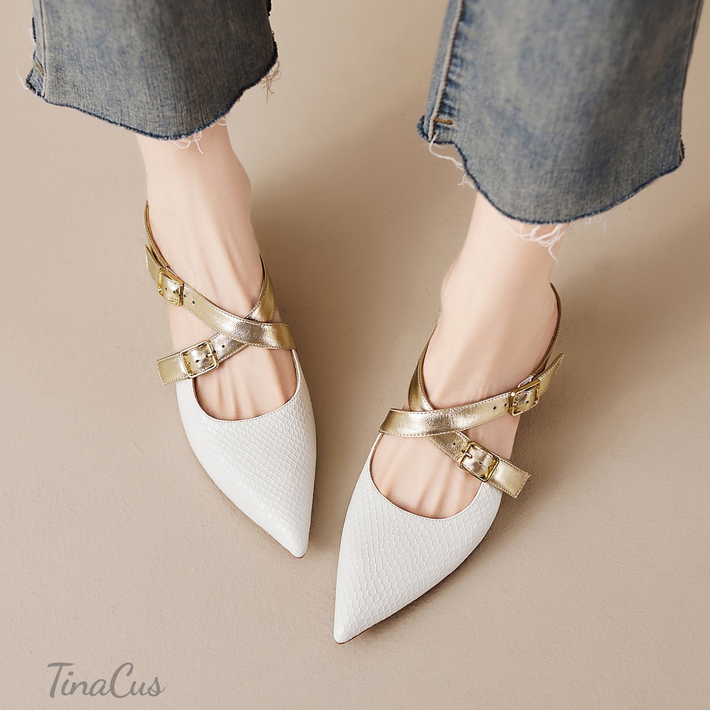 TinaCus Women's Pointed Toe Mules Genuine Leather Handmade Strap Buckle Kitten Heels Slip On Dress Sandals