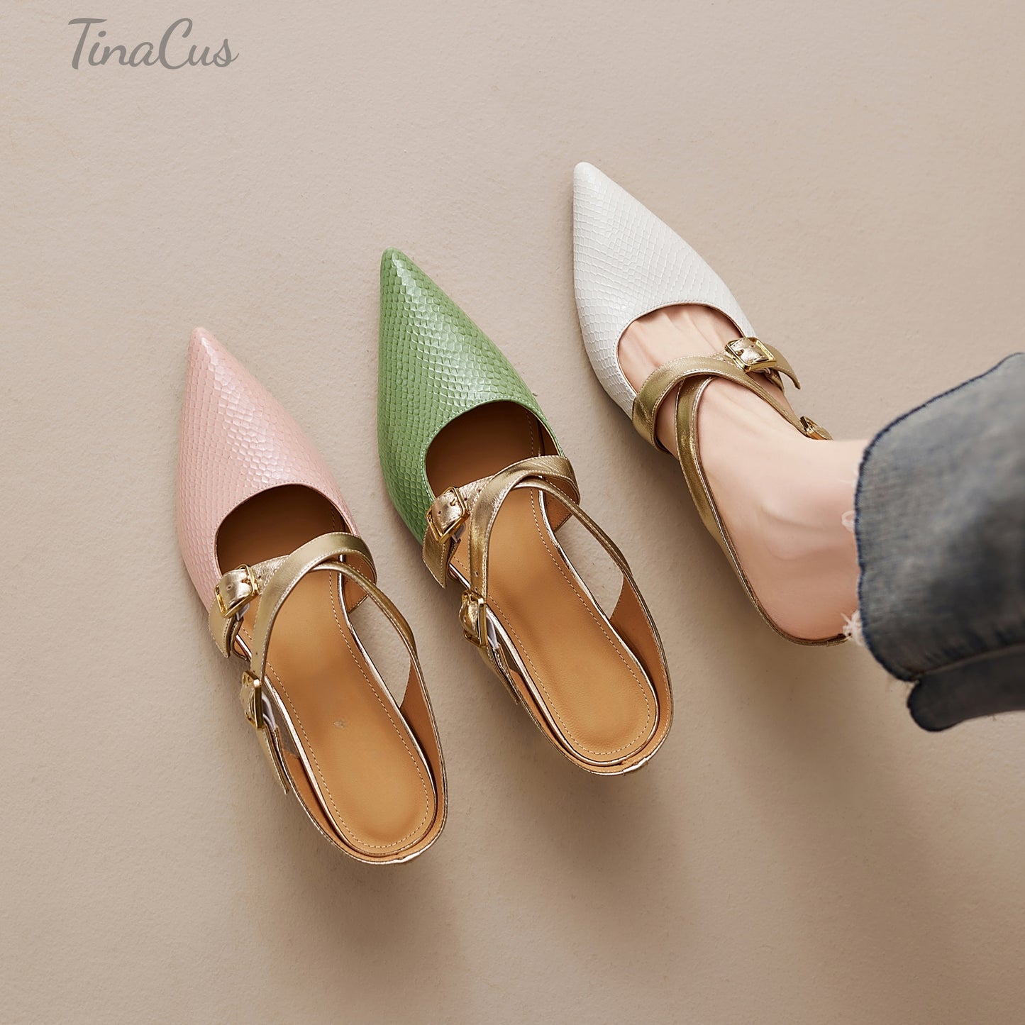 TinaCus Women's Pointed Toe Mules Genuine Leather Handmade Strap Buckle Kitten Heels Slip On Dress Sandals